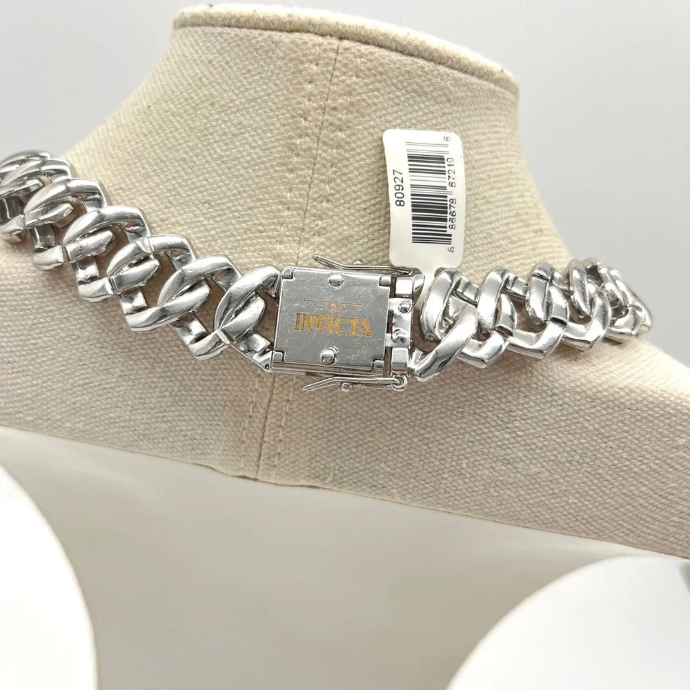 Invicta Pink Crystal Iced Out Cuban Link Chain Necklace Silver Tone 22 Inch‎